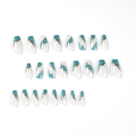 Juneyemo 24Pcs Rhinestone Coffin Press On False Nails Bling Ballerina Fake Nails Glossy Acrylic Nails for Women and Girls (G)