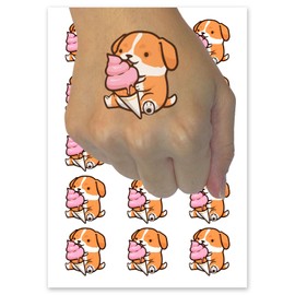 Cute Puppy Dog Licking Ice Cream Cone Temporary Tattoo Water Resistant Fake Body Art Set Collection - 15 2" Tattoos (1 Sheet)
