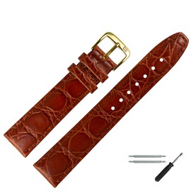 MARBURGER Watch Strap 18 mm Leather Crocodile (Caiman) Embossing with Stitching - Tool Assembly Set 52918, Medium Brown/Gold, Classic