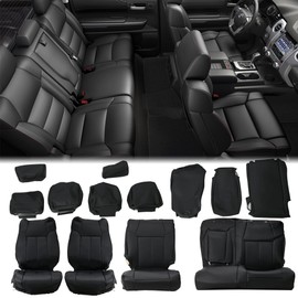 HECASA Black Synthetic Leather Seat Covers Front and Rear Compatible with 2014-2021 Toyota Tundra Crewmax Crew Max