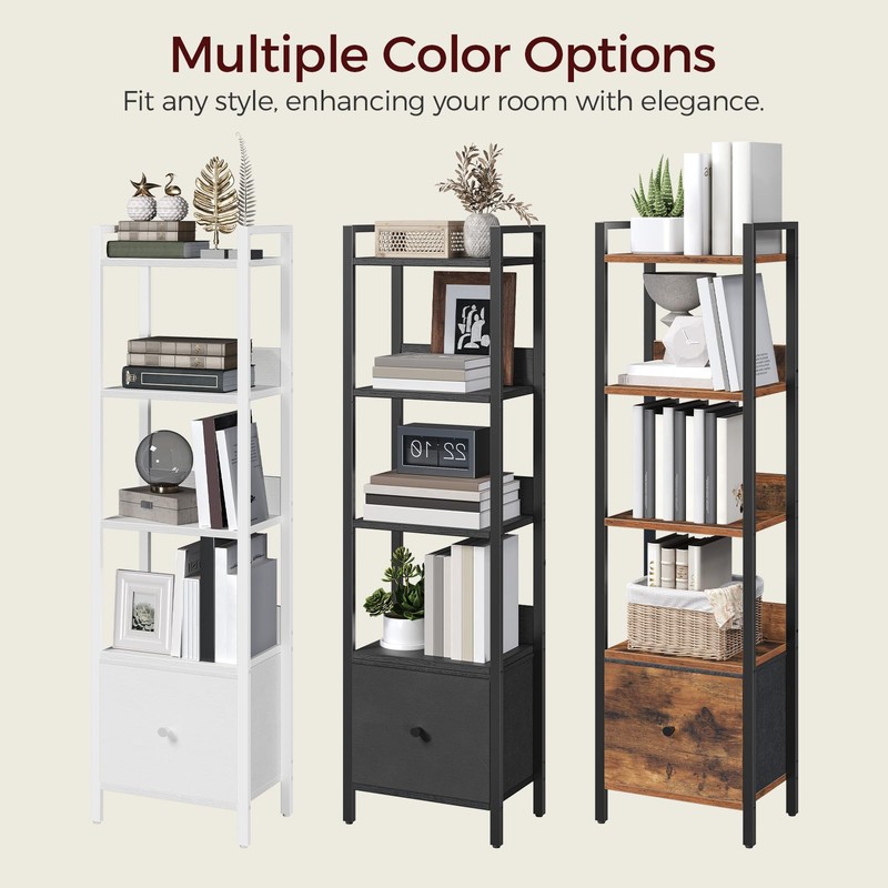 MAHANCRIS Bookshelf, 5-Tier Bookcase with Drawer, Small Book Shelf for