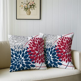 WitHero Decorative Throw Pillow Covers Set of 2 Double-Sided 18x18 inch White Linen Red Blue Silver Grey Pillow Cases Farmhouse Indoor Outdoor Modern Floral Dahlia Flowers Cushion Cover for Couch Sofa