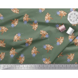 Soimoi Green Poly Crepe Fabric Wool & Cat Animal Print Fabric BTY 52 Inch Wide