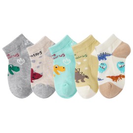 CHUNG Boys Cotton Ankle Socks 5/10 Pack Low Cut Dinosaur Mesh 2-9Y Light Weight Back School Running Sports Casual, 5pk Dino C, 2-4 Years