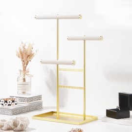 Coward 3 Tier Necklace Bracelet Earring Holder Stand, Jewelry Display Organizer with Tray, Velvet T-Bar Necklace Organizer Stand, Multi-use Metal Jewelry Holder Rack for Men Women (Gold)