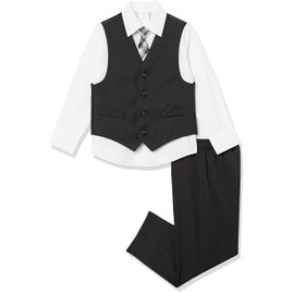 Van Heusen boys 4-piece Formal Dress Up Vest Set, Vest, Pants, Collared Dress Shirt, and Tie Business Suit Pants Set, Black/Red Stripe, 5T US