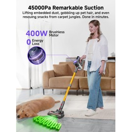 MONSGA Cordless Vacuum Cleaner, 45KPa 400W Stick Vacuum for Home, 50Mins Anti-Tangled Vacuum Cleaner with Charging Dock, Light-weighted Handheld Vacuum for Pet Hair/Carpet/Floor, LED Touch Display,MV3