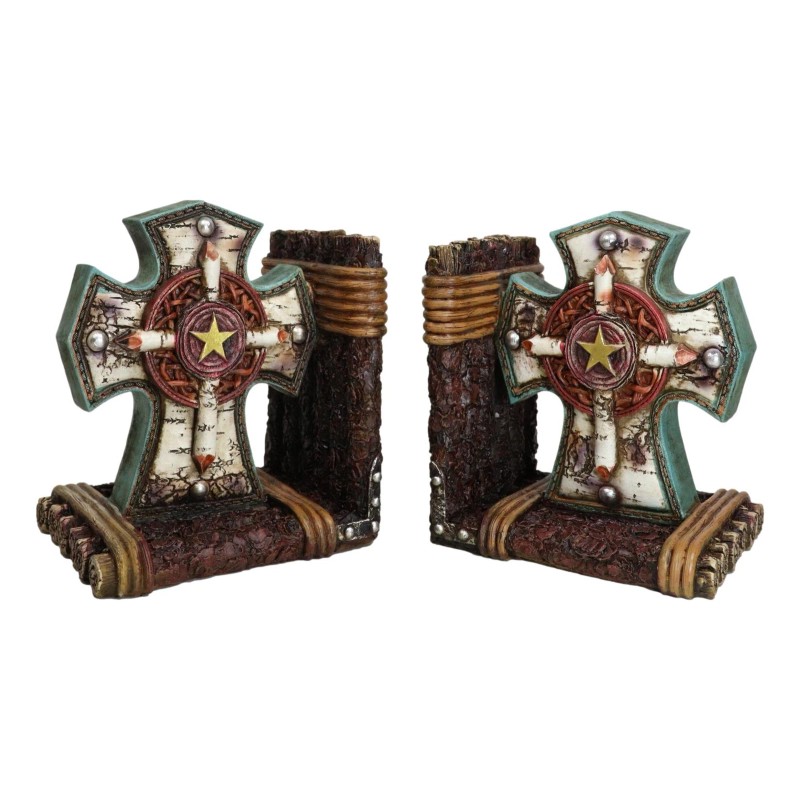 Rustic Western Star Turquoise Birchwood Birch Tree Cross Decorative Bookends