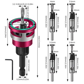 Kegelsenker Bohrer Set 6 tlg, Senker Holzbohrer mit Tiefenanschlag, Bohrsenker mit 1/4" Hex Schaft, aus HSS-M2, präzise Bohrungen, für Holzverarbeitung