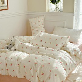 Nayoroom Pink Floral Duvet Cover Twin Size Cute Tulip Printed on White Comforter Cover 2Pcs Kids Girls Kawaii Cottagecore Bedding Set with Zipper Closure Soft Breathable Microfiber