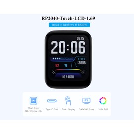 RP2040 Microcontroller Development Board with 1.69inch Touch LCD 240 x 280, 262K RGB, Rounded Corners, Dual-core Arm Processor, 16MB Flash, Accelerometer and Gyroscope Sensor, USB Type-C Port