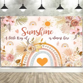 Banner de ducha Boho para bebé niña, telón de fondo, color rosa, beige, floral, arco iris, sol, decoración de fiesta para niña, cartel de flores, decoración de fondo, 72 x 44 pulgadas