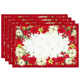 Arquiel Place Mats Set of 4 Christmas Red Floral Winter Goldfinch Double Layer Thick Wipe Clean Heat Resistant Christmas Placemats for Dining Table Decoration Holidays (33 x 48 cm)