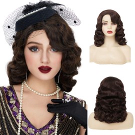 Salaibs Brown Finger Wave Wig 1920s Curly Long Vintage Wigs for Women Lady Synthetic Heat Resistant Full 30s Cosplay Costume Party Wig