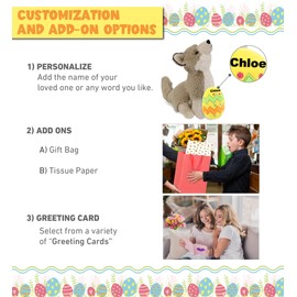 DolliBu Super Soft Howling Wolf with Yellow Easter Egg Plush and Name Personalization - Cute Stuffed Animals for Easter Basket, Easter Egg Stuffed Animal Spring Toys for Girls, Boy, Baby - 10.5 Inches