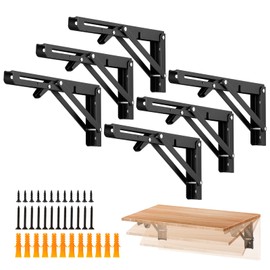 Ravinte 6 Pack 10 Inch Folding Shelf Brackets – Matte Black, Heavy Duty Collapsible Brackets for Tables and Benches – Space-Saving Design