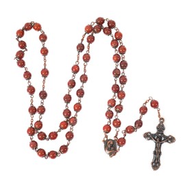 Nazareth Store Vintage Design Rosary Natural Stone Beads 8mm Necklace Holy Soil Medal & Cross Crucifix Religious Rosaries Terra Santa Jerusalem Collection (Red Carnelian)