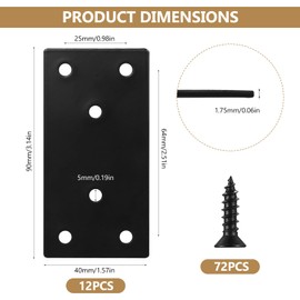 Pack of 12 Flat Connectors, Stainless Steel, Perforated Plate, Wood Connector, Flat Angle for Connectors, Black Perforated Plates, Metal Connecting Plates for Repair, Fixing, Wooden Furniture, 80 x 40