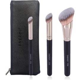 ENERGY Kabuki - Juego de 3 brochas de maquillaje profesional para aplicar polvos de base, corrector, bronceador, mezcla con base de crema líquida, polvos minerales, con bolsa de poliuretano
