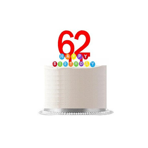 Item#062WCD - Happy 62nd Birthday Party Red Cake Topper & Rainbow Candle Stand Elegant Cake Decoration Topper Kit