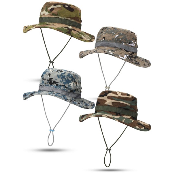 4 Pieces Wide Brim Camo Boonie Hat Fishing Hats Military Boonie Caps Foldable Sun Protection Cap for Men Hunting Fishing Outdoor Beach