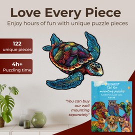 CRAFTHUB Animal Wooden Puzzles for Adults – A3 Vibrant Sea Turtle with 122 Pieces – Jigsaw Puzzles with Unique Animal Shapes – 10.7" x 10.3"