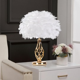 LINCWONZ Feather Table Lamp with Unique Golden Spiral Cage Base - 3-Color Temperature Light, Perfect for Girls' Bedroom Bedside (White)