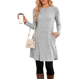 Narrame Winter Sweater Dress for Women, Long Sleeve, Casual, Side Buttons, Sweater Tunic with Pockets, lightgrey