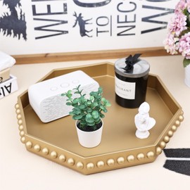 SforGUVA Gold Serving Tray for Coffee Table, Octagonal Beaded Plastic Decorative Tray for Ottoman, Kitchen Counter, Living Room, Outdoor Lacquer Tray for Entertaining