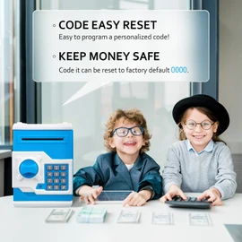 ATM Piggy Bank for Boys Girls, Vcertcpl Mini ATM Coin Bank Money Saving Box with Password, Kids Safe Money Jar for Adults with Auto Grab Bill Slot, Great Gift Toy Bank for Kids(Blue White)