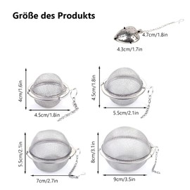 Pack of 5 Stainless Steel Tea Strainers, Spice Strainer with Chain, Fine Mesh, Spice Strainer, Spice Balls, Tea Balls for Loose Tea (Diameter 4.5/5.5/7/9 cm and 1 Heart)