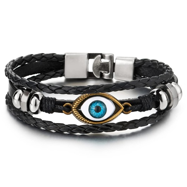COOLSTEELANDBEYOND Mens Womens Three-Row Leather Evil Eye Beads Charms Bracelet