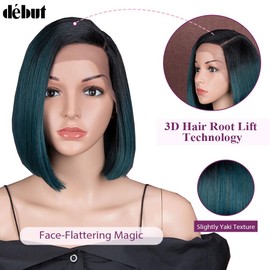 DÉBUT C Part Short Bob Lace Front Wigs Ombre Dark Green Slight Yaki Straight Synthetic Hair Heat Resistant Fiber Wig for Women