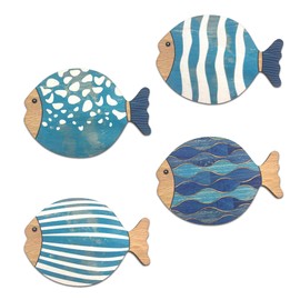 Vumyhuby Wooden Fish Wall Art​ with Coastal Ocean Theme Decor - Handcrafted Natural Wood Fishs Wall Sculpture Set of 4, Rustic Hanging for Linving Room, Beach, Nautical, or Coastal Home Decoration, Unique Gifts,B