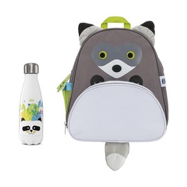 Chicco Raccoon Backpack and Panda Water Bottle Set, Practical Raccoon Backpack and 350ml Stainless Steel Water Bottle with Panda, 2 Years +