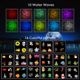 YAZEKY LED Projector Christmas Outdoor 2-in-1 LED Projection Lamp Christmas Outdoor with Remote Control 16 Switchable Patterns 10 Colours Water Wave Effect for Party