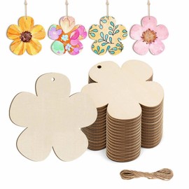 winmiya 20Pcs Flowers Wood Cutouts with 10m Natural Twine Floral Wooden Slices Blank Flower Shape Wood Ornaments Flower Embellishments Wooden Slices for DIY Projects Decoration