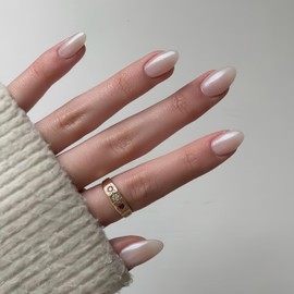 Chrome White False Nails Short, SXVME Chrome Press On Nails Short Oval, Glazed Gel Fake Nails Press on, Cute Glitter Acrylic Nails Short Almond, Natural Stick on Nails for Women Daily Wear