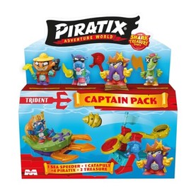 PIRATIX ADVENTURE WORLD Shark Treasure Series, Captain Pack, Saw with 4 Piratix, 1 Golden Captain, 4 Inch Crystals, Sea Speeder, Catapult, 2 Flags with Crystal Effect, 1/6 Pieces