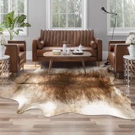 AROGAN Western Decor Faux Fur Cowhide Rug, 4.6 x 5.2 Feet Premium Animal Skin Cow Hide Rug, Sturdy Cow Print Rugs for Wall Decor, Western Floor Carpet for Bedroom Living Room, Brownish