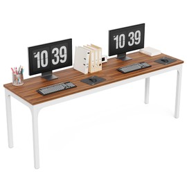 LITTLE TREE 78.7-Inch Ultra Long Double Desk, Writing Gaming Work Computer Two-Person Desk for Home Office, Walnut + White