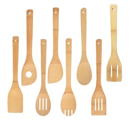 Bamboo Cooking Utensils, 8 PCS 30 cm Wooden Spoon Set, Bamboo Spoon Wooden Spatula Spoons Kitchen Utensils Eco Friendly Bamboo Cooking Utensils for Cooking Kitchen Mixing