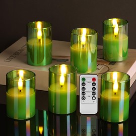 Girimax Green Christmas Flameless Votive Candles with Remote Batteries, Glass Flickering LED Battery Candles Set of 6 Φ 2" H 3"