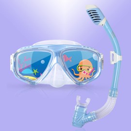 Schnorchel-Tauchmaske für Kinder, Unisex-Kind, 180 ° Panoramasicht, Anti-Fog-Tauchmaske für Jungen, Mädchen, Schwimmbrille mit Nasenabdeckung, Schnorchelausrüstung für Junior (Blaue Satz)