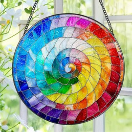 Stained Glass Window Hanging, 8 Inch Rainbow Spiral Stained Glass Suncatcher, Spiral Window Hanging Decor, Geometric Spiral Suncatcher Wall Decor, Gift for Women Men Wife Lovers and Mom