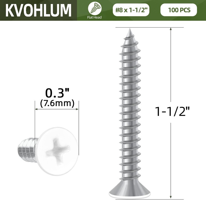 #8 x 1-1/2" White Head Sheet Metal Screws, 100 PCS