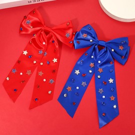 4th of July Accessories Hair Bows for Women Red White and Blue Silky Satin Hair Bows Jeweled American Flag Star USA Hair Bow Clips Fourth of July Patriotic Hair Accessories Outfits Party Favors Gifts