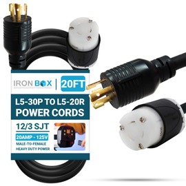 IronBox Electric NEMA L5-30P to L5-20R Plug Adapter Power Cord - 20A,125V, 12/3 SJT - UL Listed Power Cable - Heavy Duty Extension Cord for Generator, Data Centers, Outdoor & More (20ft, Custom Built)