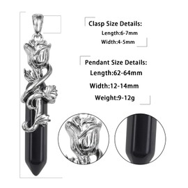 SUNYIK Silver Plated Rose Flower Wrapped Pendant Necklace, Stone Wand Crystal Quartz Point Necklace for Women Men with Chain 22.8'', Black Obsidian