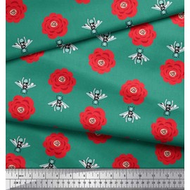 Soimoi Cotton Canvas Fabric Floral & Bee Insects Printed Fabric 1 metre 56 Inch Wide